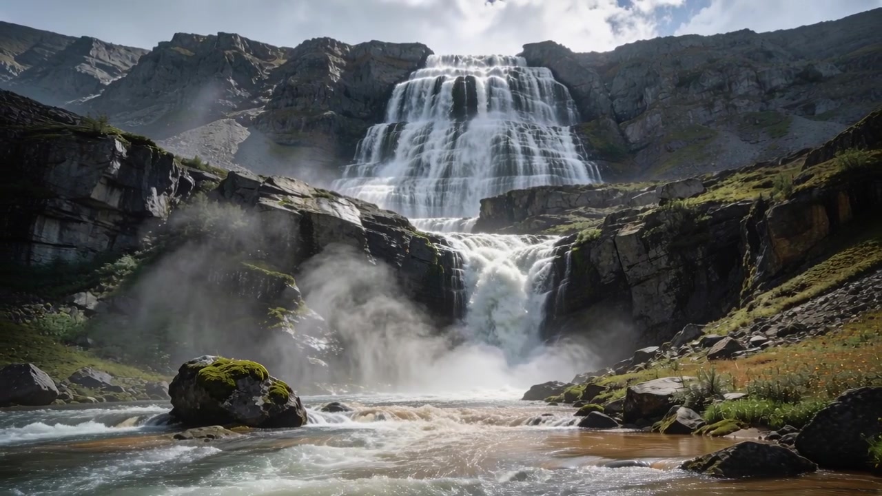 Una cascata a più livelli che si riversa, inviando nebbia attraverso una valle alpina da una scogliera superiore, con massi coperti di muschio.