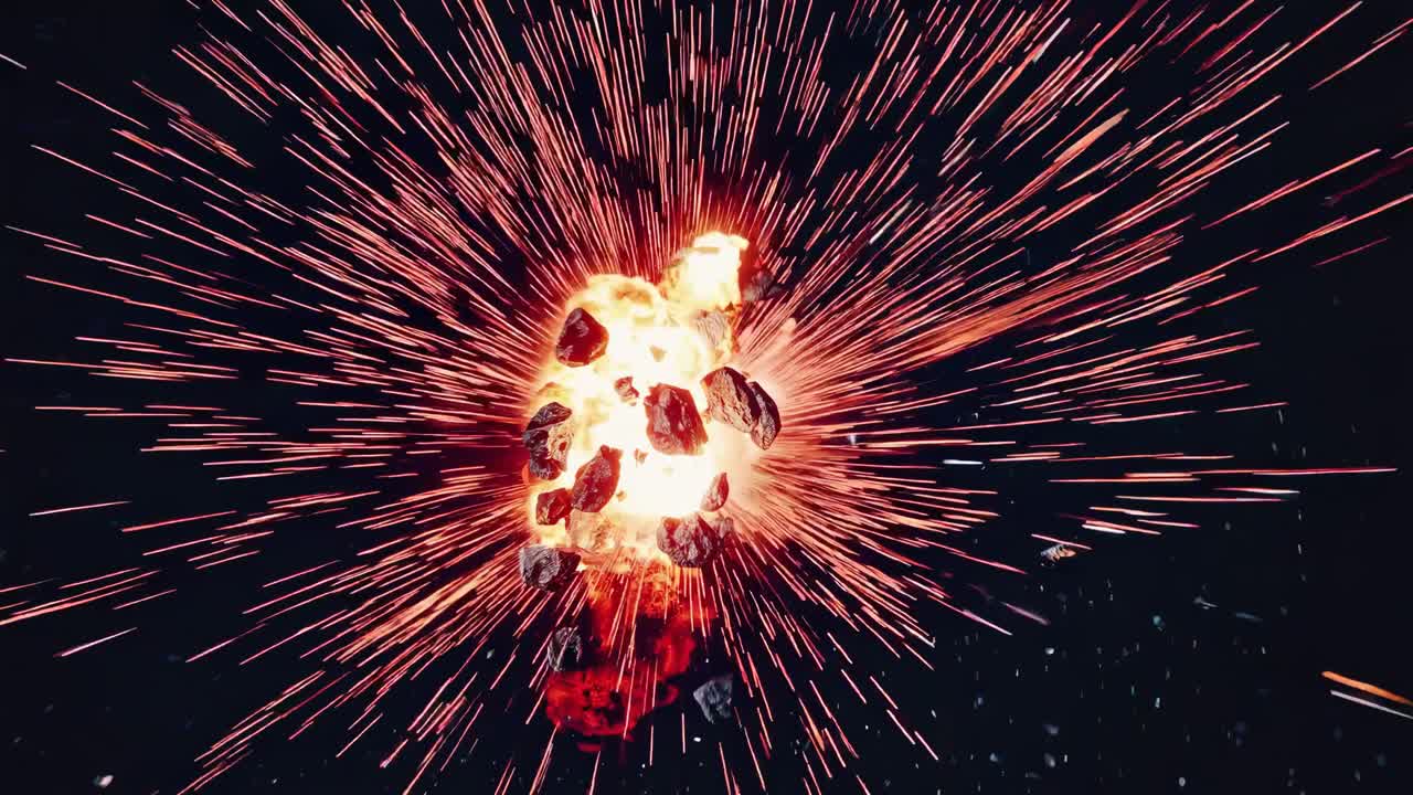 Dynamic video scene of a fiery asteroid explosion in space, captured from a dramatic close-up angle