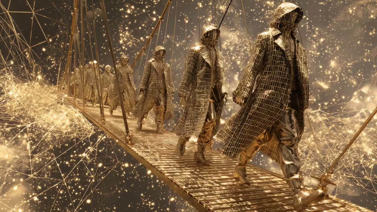 A mesmerizing journey unfolds as figures in reflective attire cross a shimmering bridge, surrounded by an ethereal backdrop filled with stars and cosmic patterns, inviting contemplation of the unknown