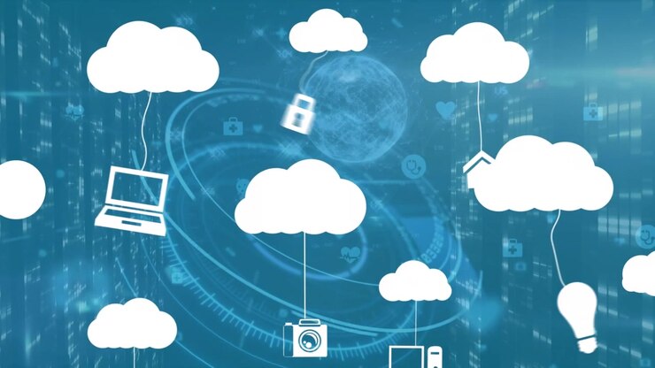 Animation of clouds with media icons over scope scanning