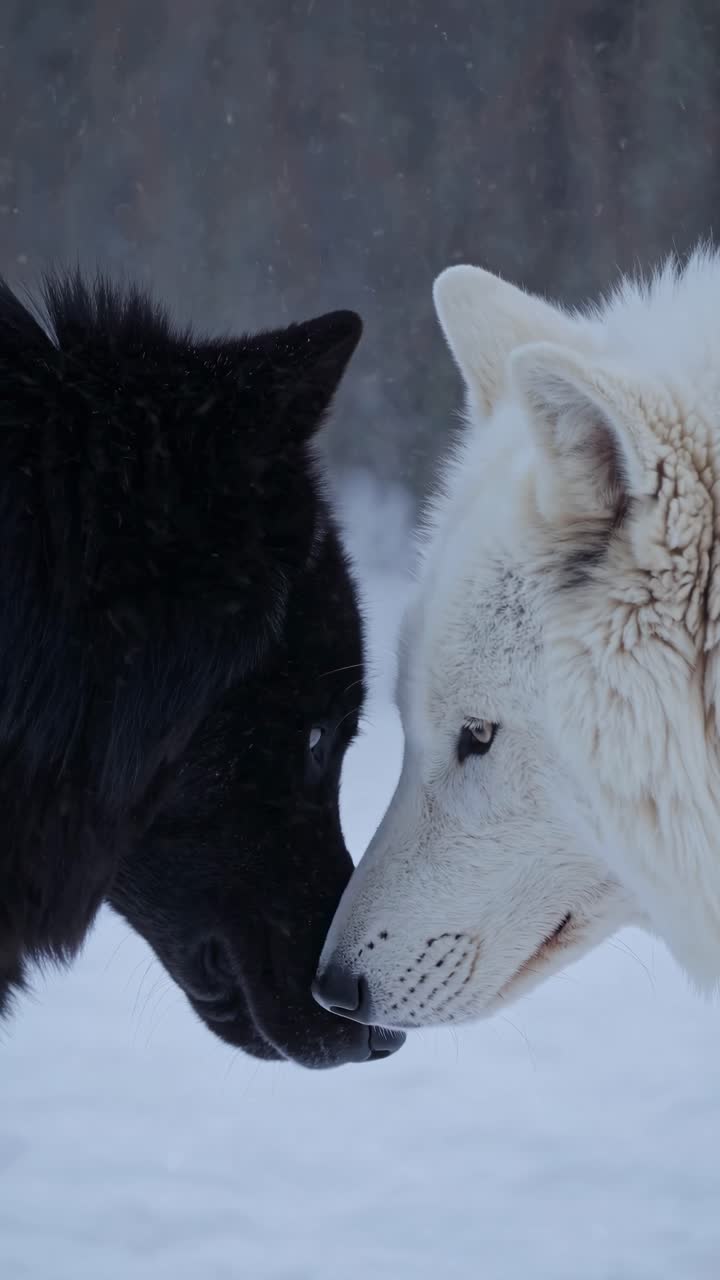 Close-up video still of a black and white wolf touching noses in a snowy landscape