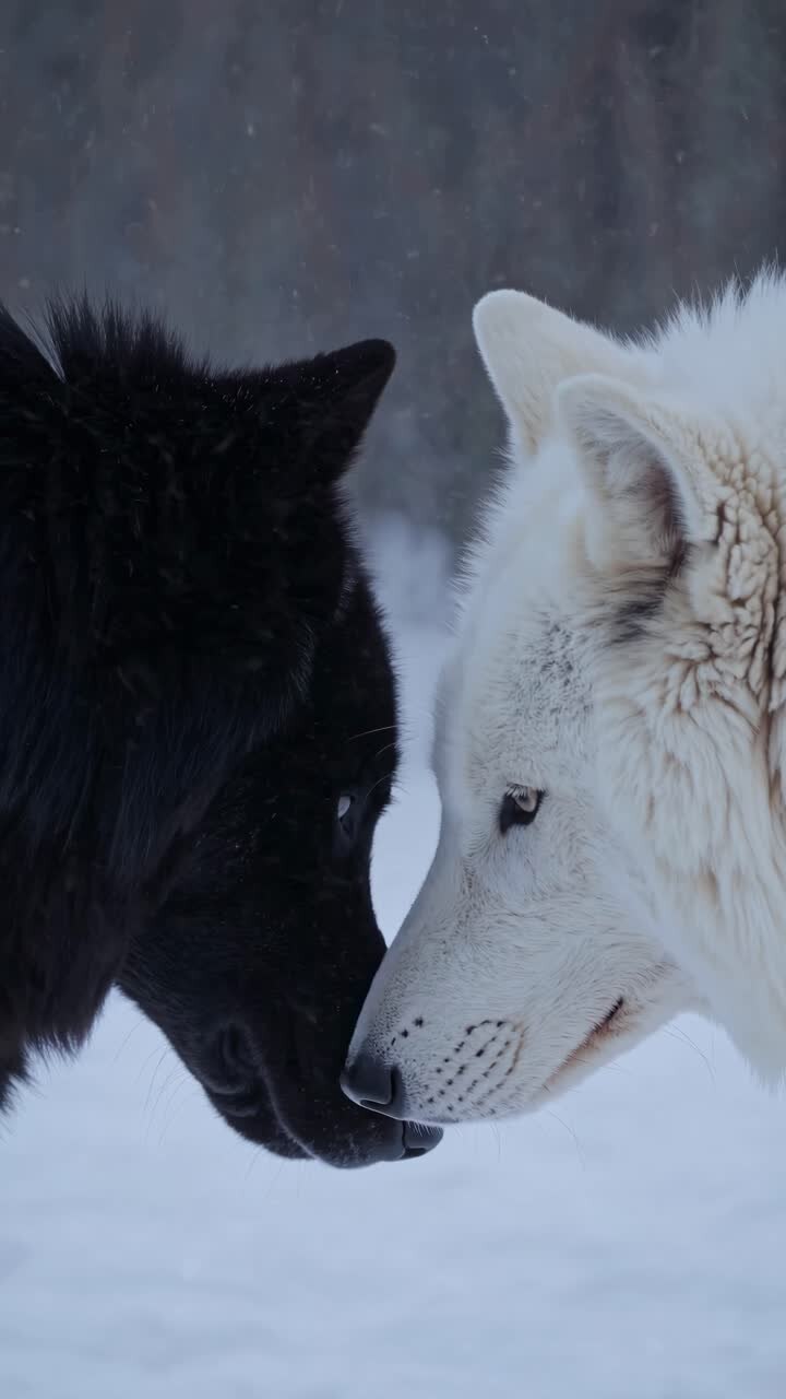 Close-up video still of a black and white wolf touching noses in a snowy landscape