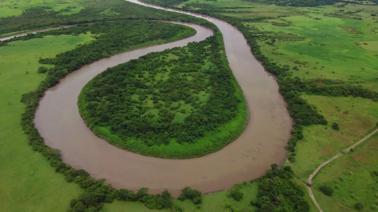 drone girato vista aerea fiume tortuoso, foresta pluviale tropicale, deserto naturale
