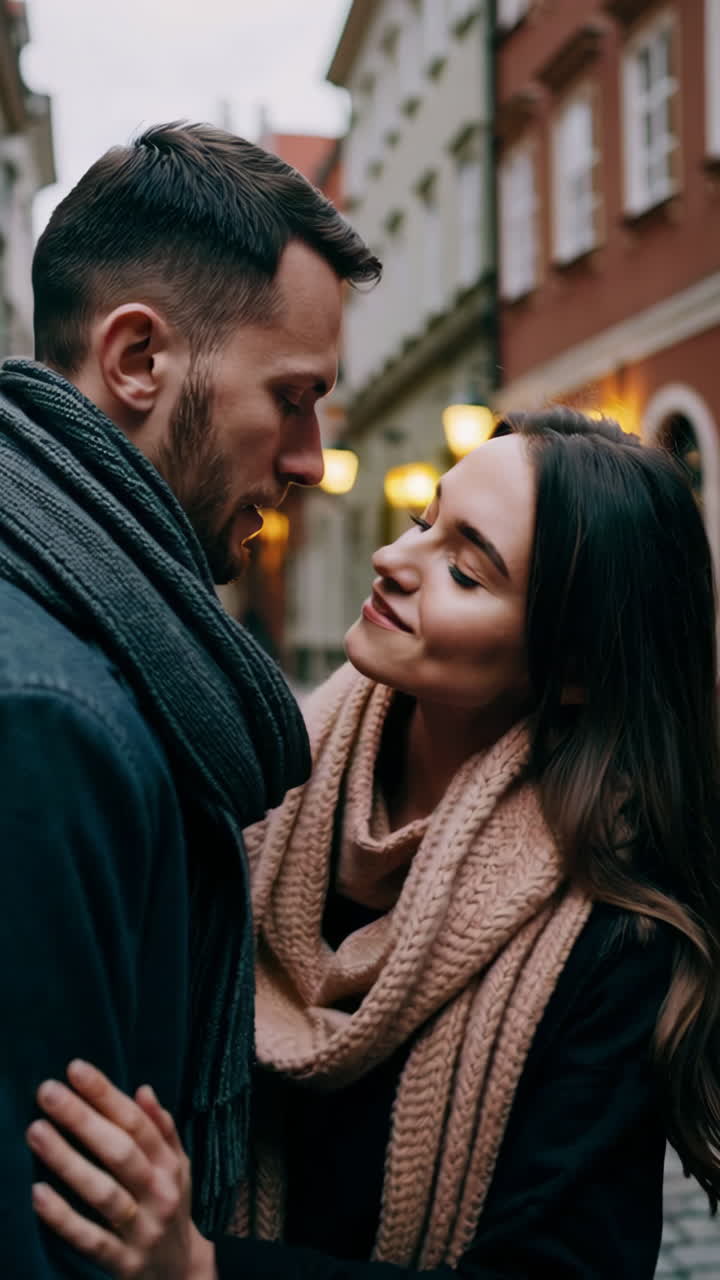 Beijo romântico de casal em uma rua iluminada da cidade à noite