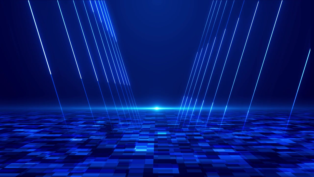 Futuristic blue data floor visual with glowing vertical beams pixel tiles central light flare and