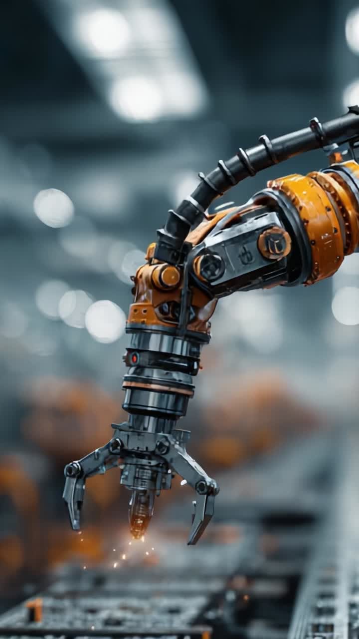 Avanceret robotarm i aktion: Præcisionsteknik og automatisering fremvist i et højteknologisk industrielt miljø med gnister af innovation