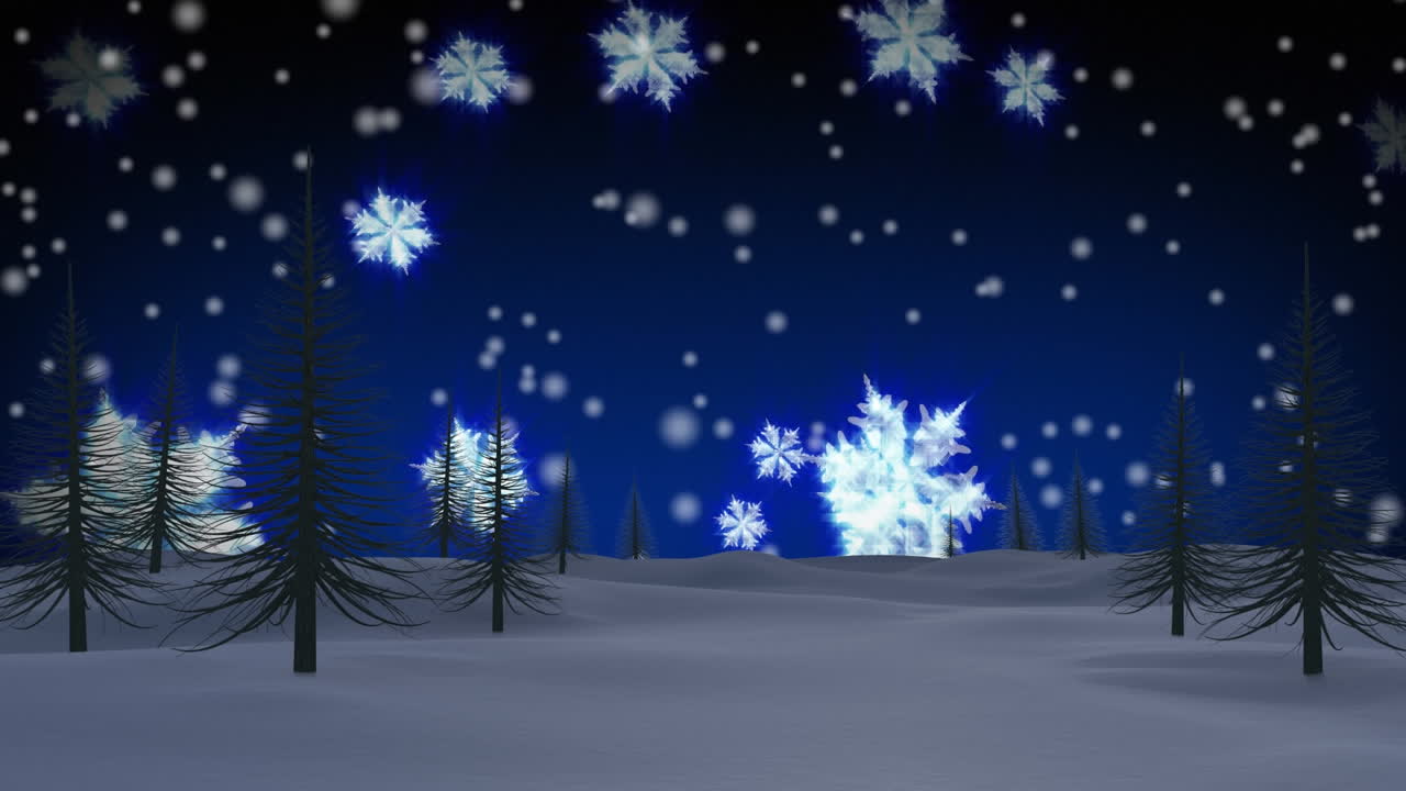 Animation of snow falling over trees on blue background