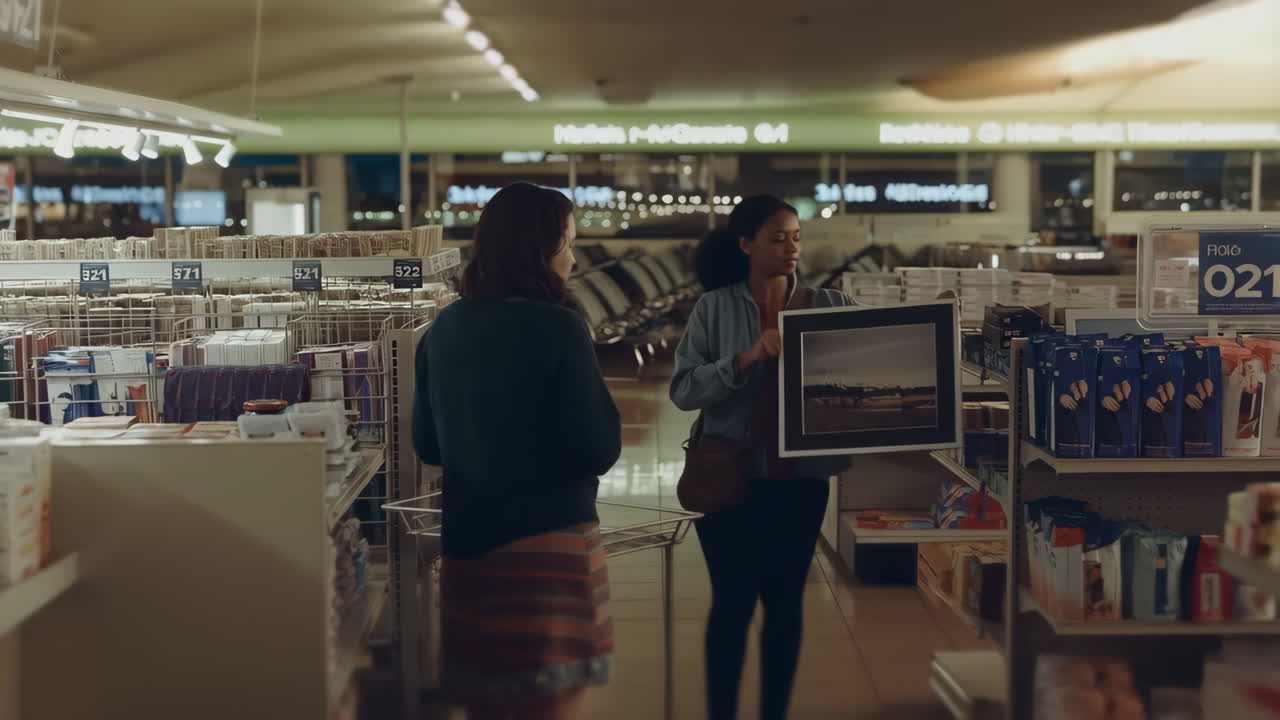 Two Women Shopping in a Store Aisle, Discussing or Selecting Products