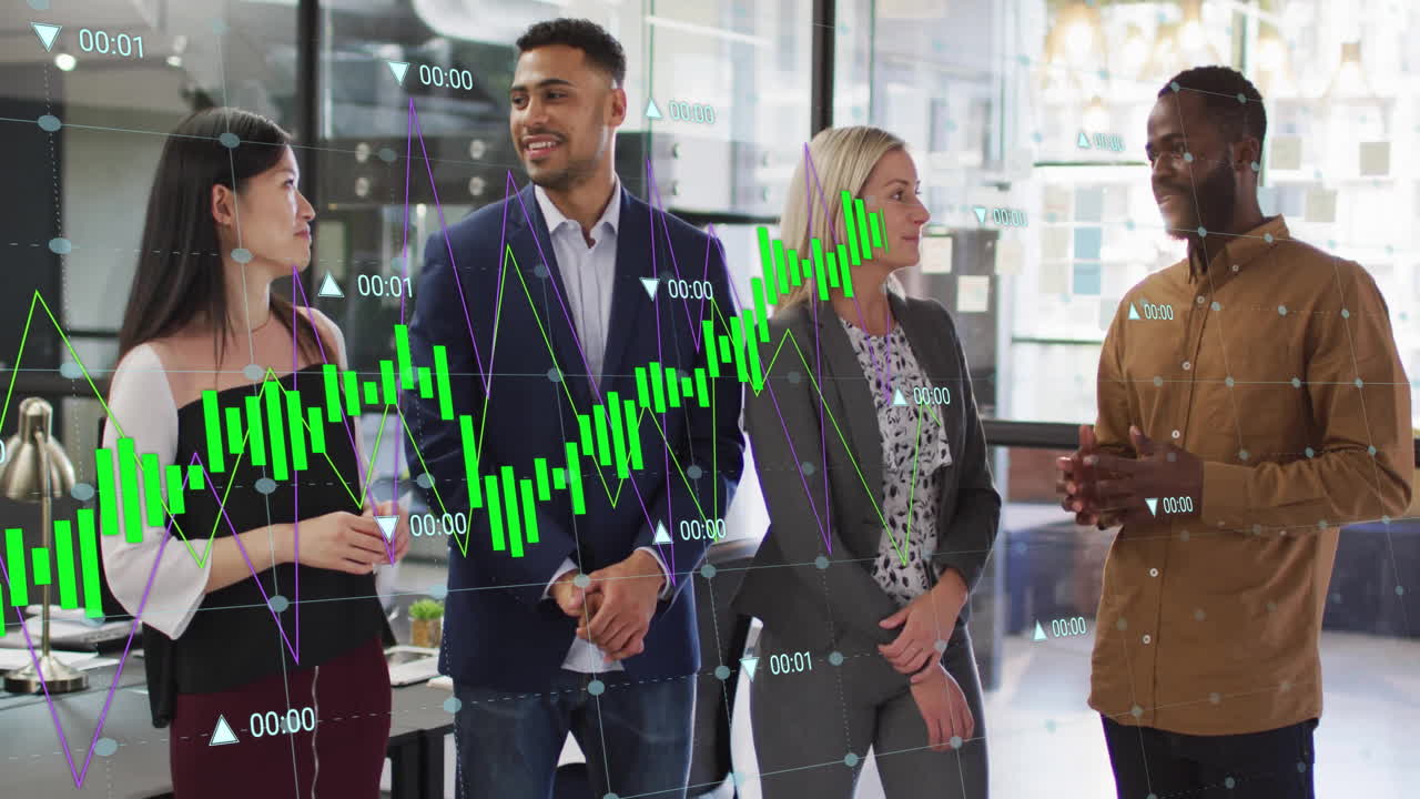 Animation of financial data processing over diverse businesspeople in office