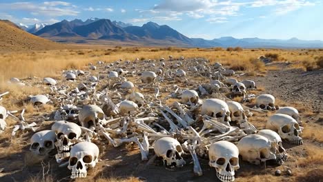 una gran pila de cráneos y huesos en un campo con montañas en el fondo