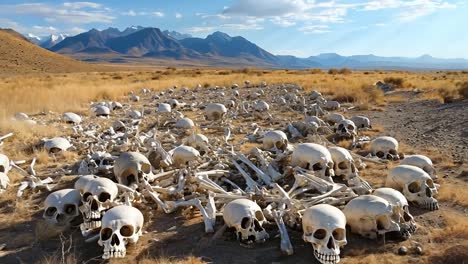 a large pile of skulls and bones in a field with mountains in the background