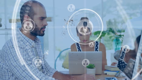 working on laptops, business people using digital network connections animation