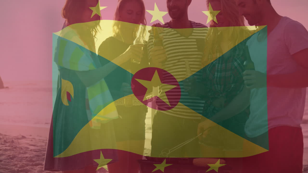Barbecue on beach with friends, Grenada flag animation overlay in background