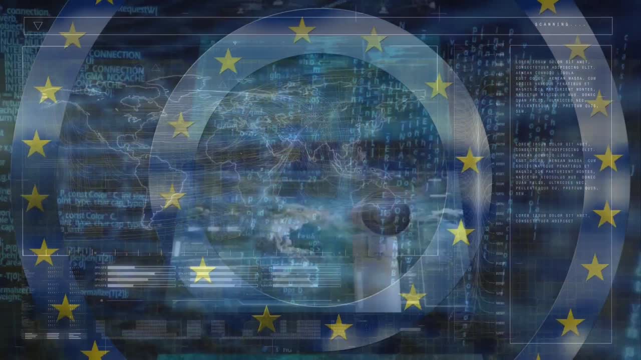 Animazione di cerchi con bandiera dell'UE su mappamondo e elaborazione dati