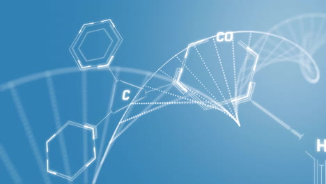 animation of chemical formula over dna strand on blue background