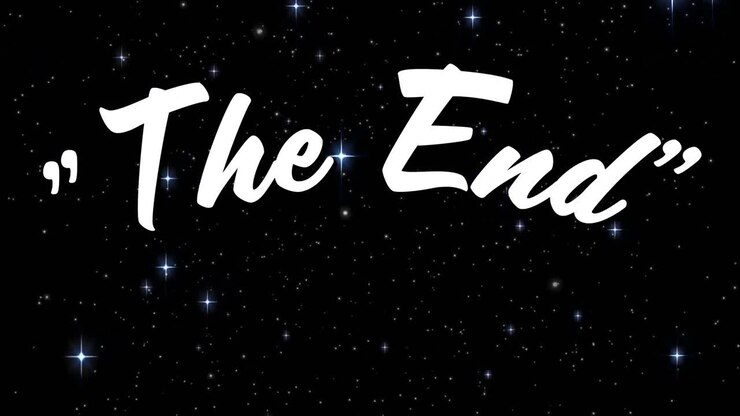 Animation of the end text over glowing stars moving on black background