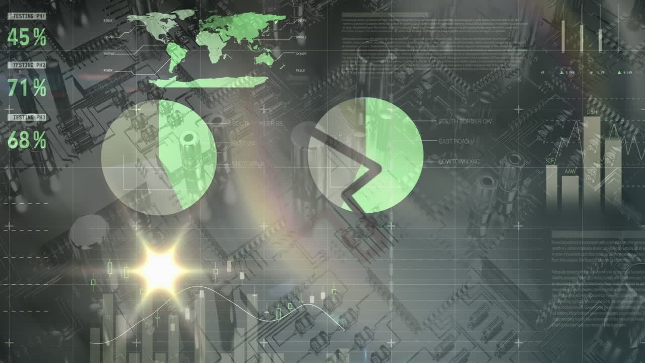 통계 데이터 처리의 애니메이션과 회로판의 클로즈업에 대한 빛의 점