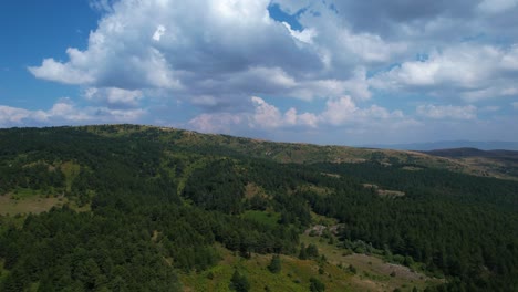 clouds hanging over vast forest on mountain range and hills with pine trees at morning, beautiful panoramic shot of nature background in voskopoja, albania