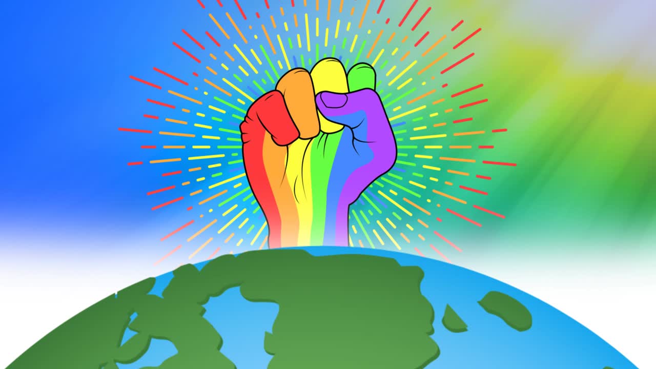 무지개 배경 에 있는 지구 위 에 있는 무지개 주먹 의 애니메이션