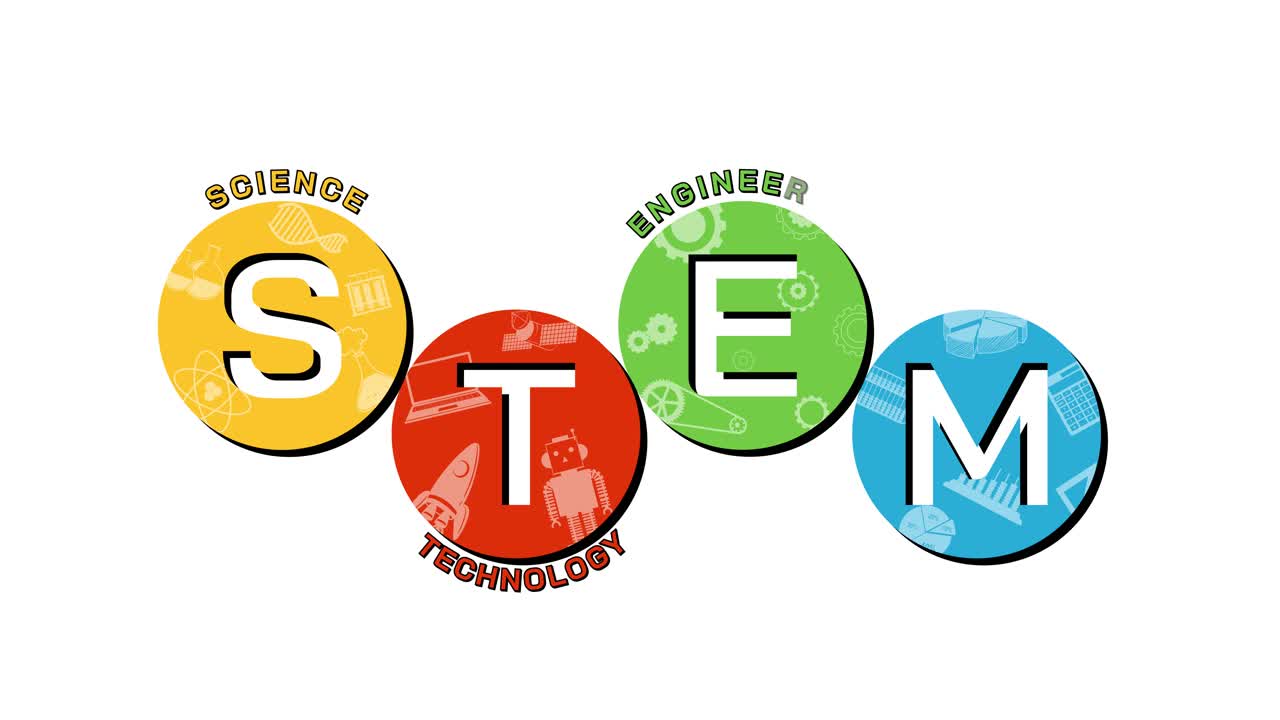 진화하는 과학 및 기술 아이콘을 가진 줄기 글자