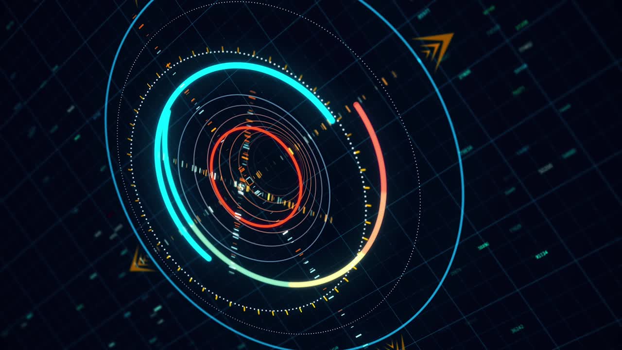 Future technologies, abstract guidance system isolated on a black background. Animation. Close up of rotating neon parts of searching digital program, seamless loop