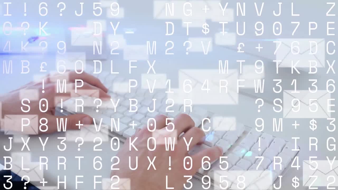 animación de múltiples iconos de mensaje y procesamiento de datos en primer plano de una persona que escribe en el teclado