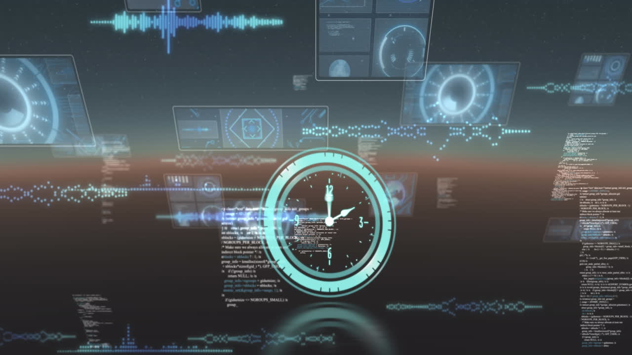 Neon digital clock ticking against multiple round scanners and data processing on blue background
