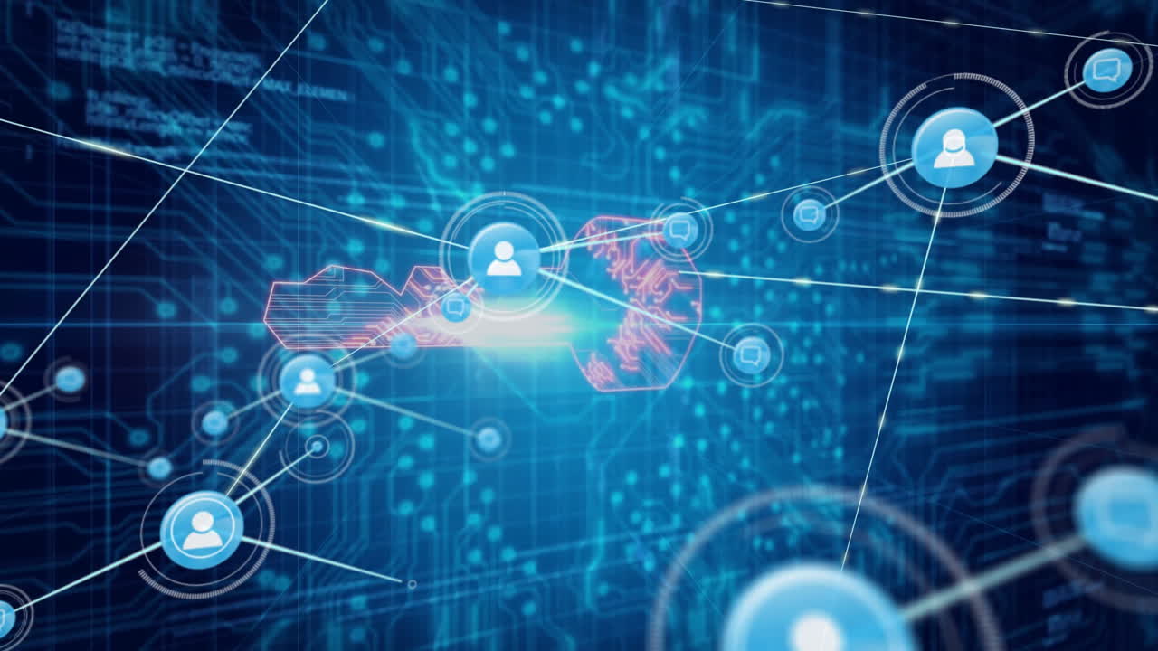 Network of connections and data processing animation over digital blue background