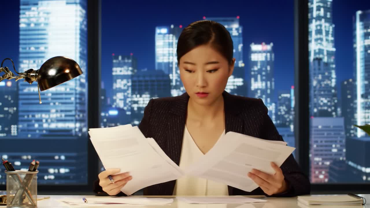 A focused businesswoman analyzing important documents in a cityscape office setting at night, embodying professionalism and determination while engaging in her work