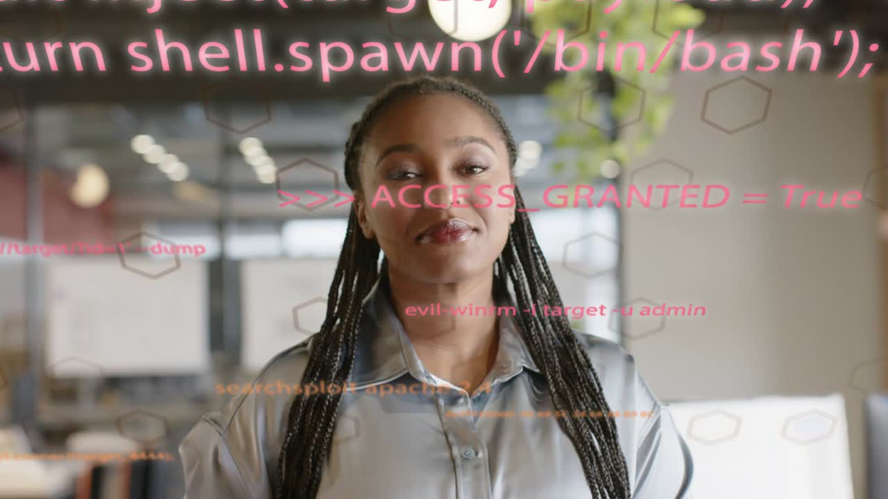 Pink code overlay appearing, woman tech presenter smiling, presenting, code lines revealing access