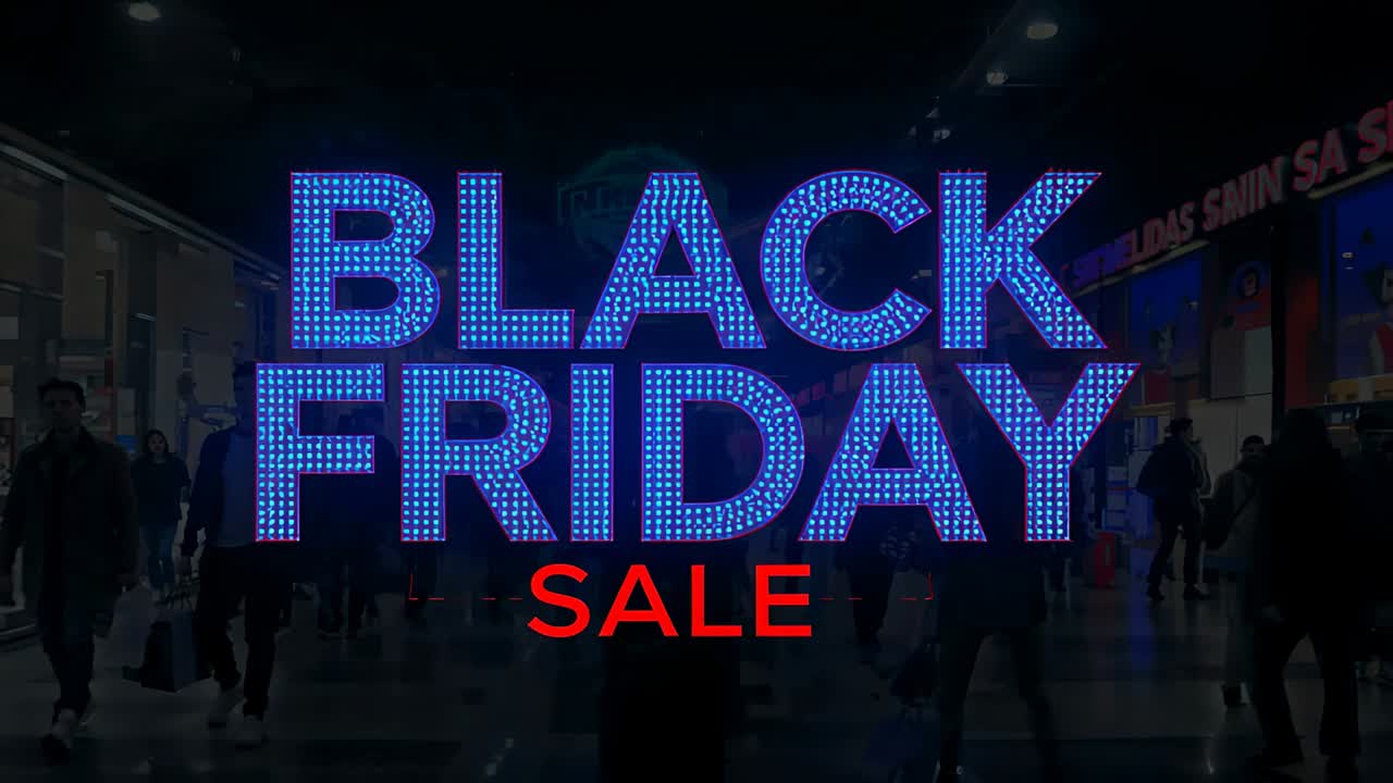 Pulsing Black Friday sign drawing shoppers in coats with bags through mall, promoting red SALE text