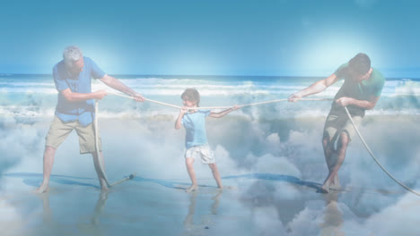 animation of glowing light over happy senior man with his son and grandson pulling rope by seaside