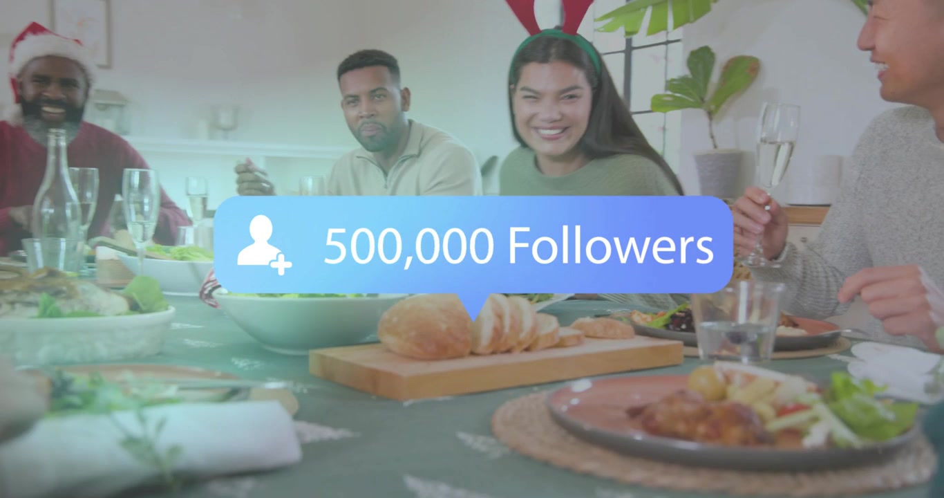 Family at holiday table celebrating transparent social media follower overlay climbing above plates