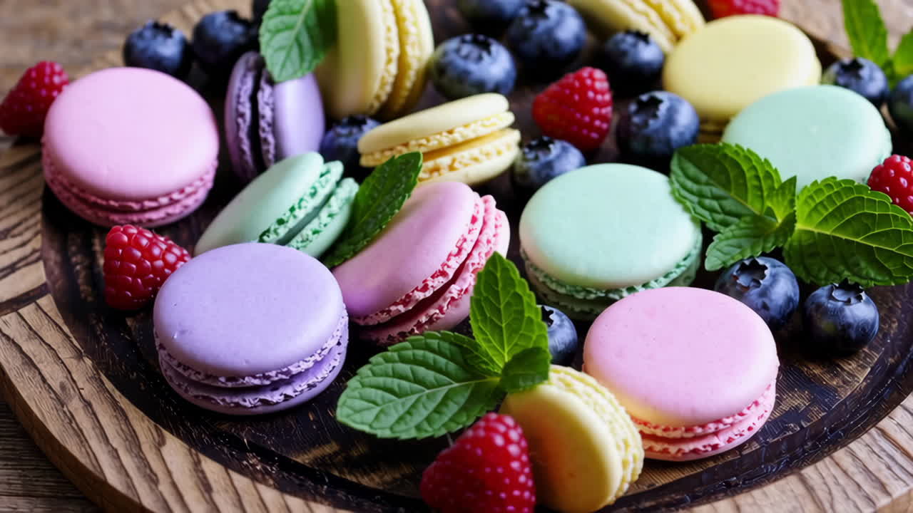 Colorful Macarons with Berries and Mint