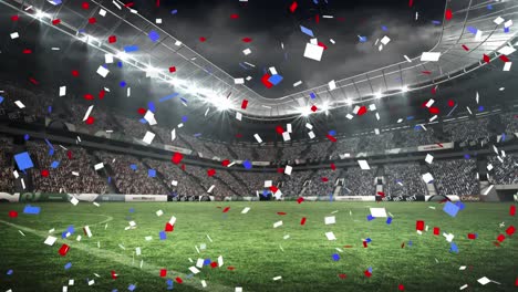 Animation-of-blue-and-red-confetti-falling-over-sports-stadium