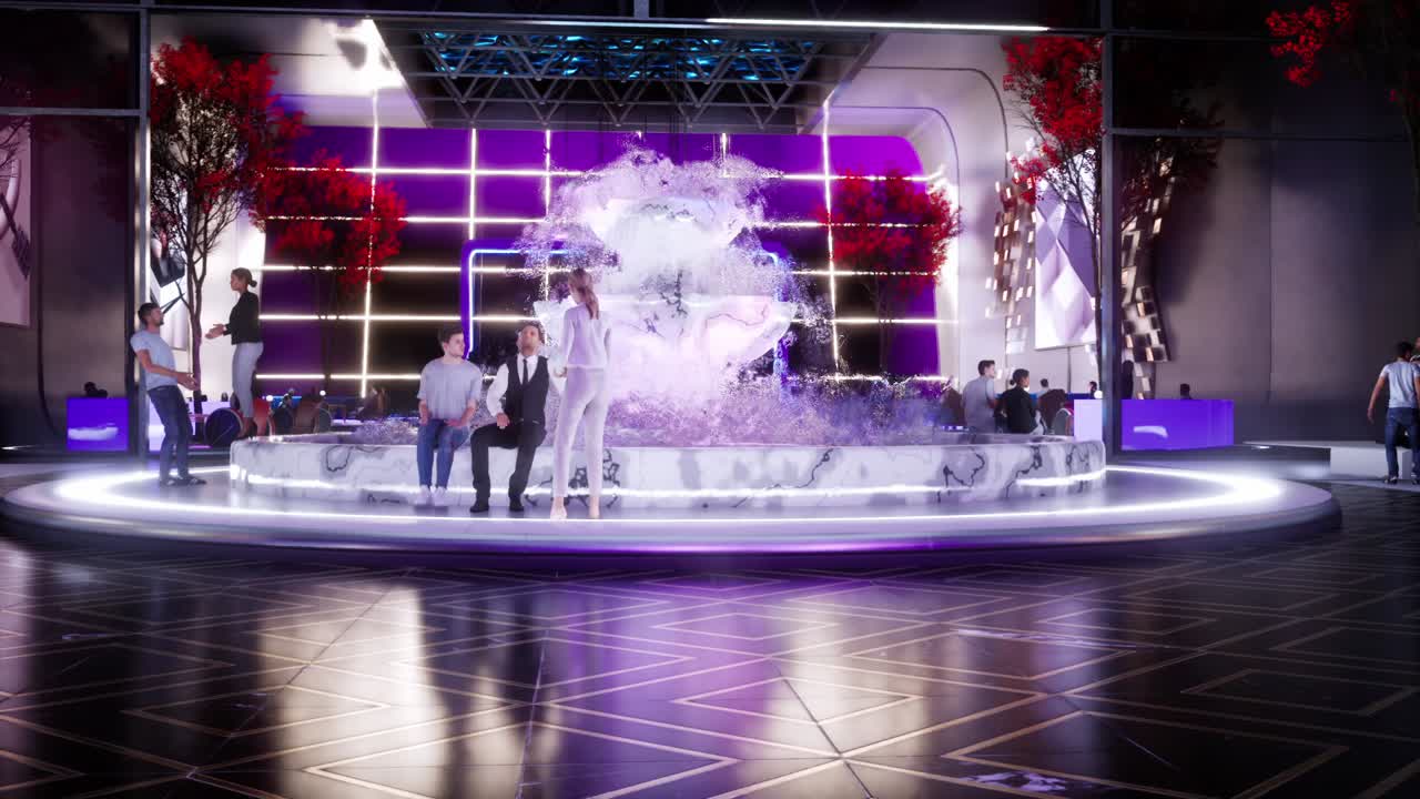 로비의 분수 앞 로비에서 기다리는 사람들의 3d 애니메이션