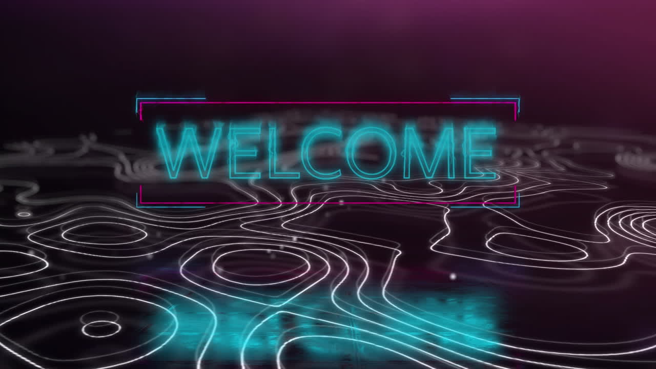Animation of welcome neon text over moving shapes