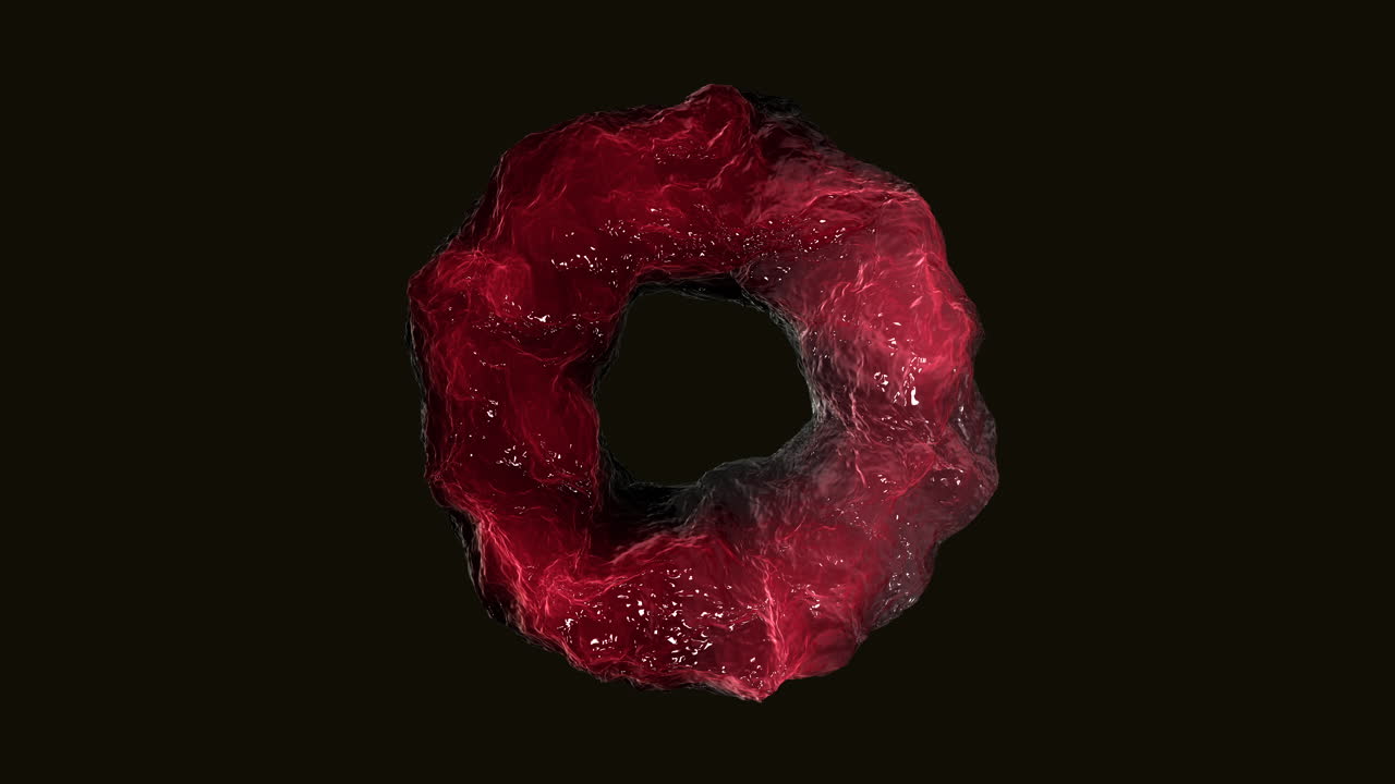 High contrast footage of a glossy red liquid ring rotating and undulating on a dark background, forming a hollow circle shape for modern motion design and VFX use