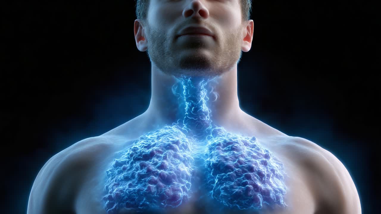 A Captivating Visualization of the Human Respiratory System Emitting Electric Energy with a Focus on Lungs, Symbolizing Health and Vitality in a Vibrant Digital Art Expression