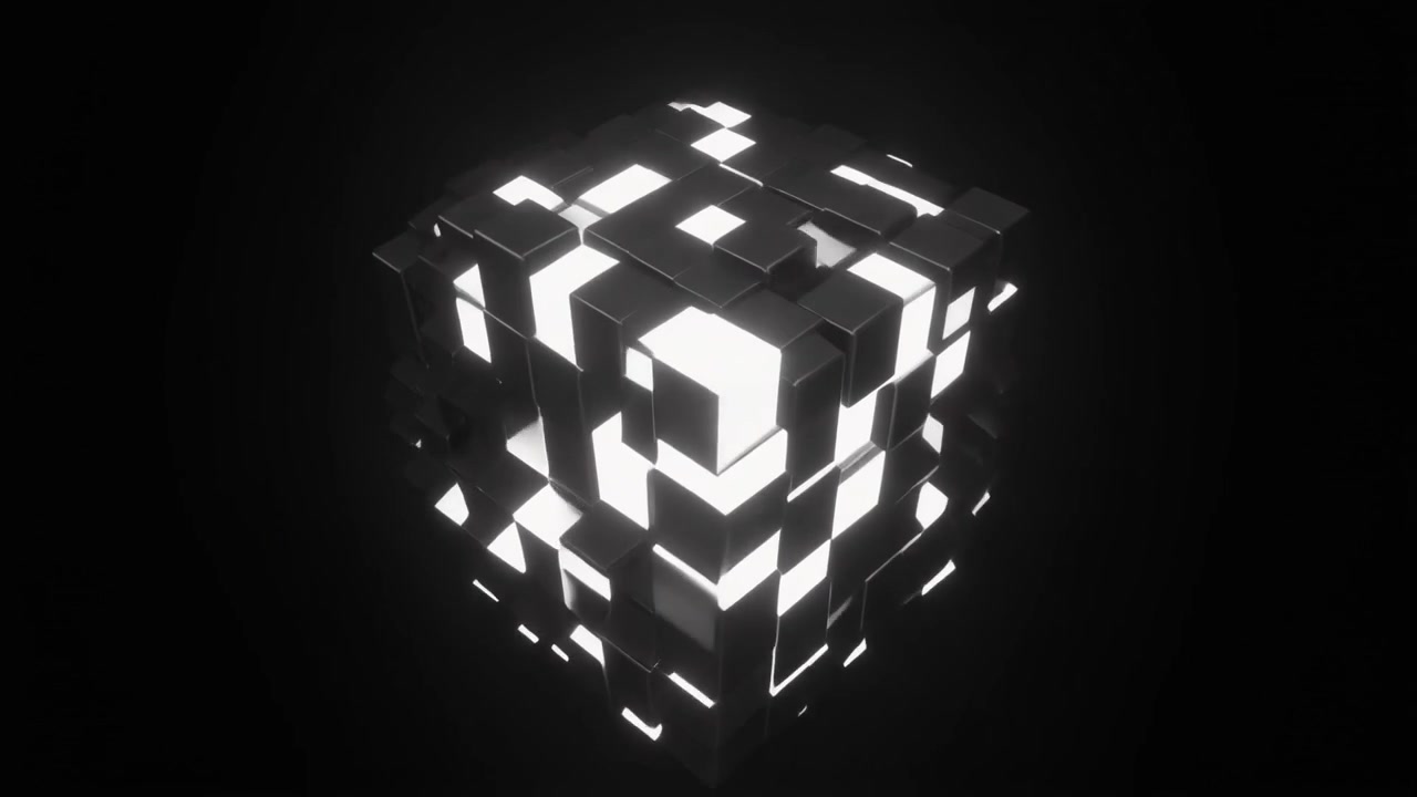 Abstrakt 3D-animation af glødende sorte og hvide kuber, der danner en kube