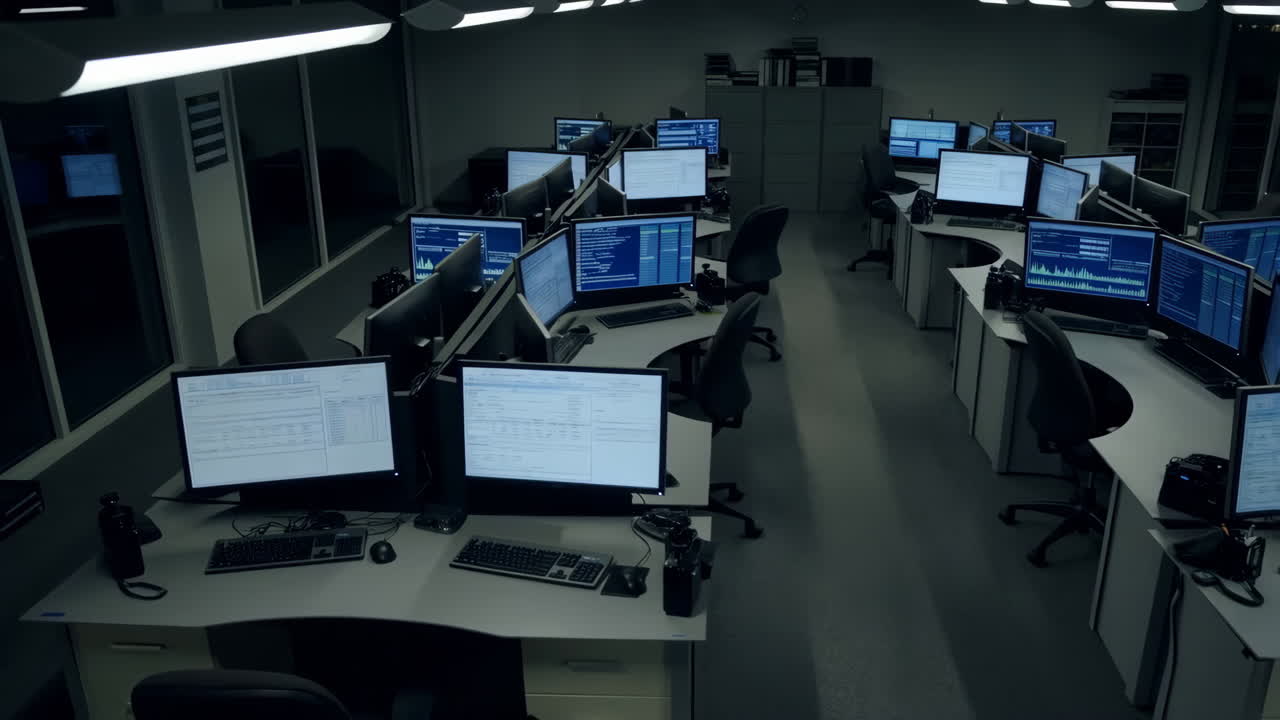 Empty Office or IT Operations Center with Multiple Computer Workstations at Night