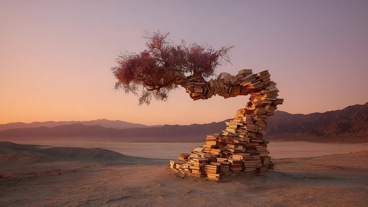 Scultura albero-libro in paesaggio desertico al tramonto