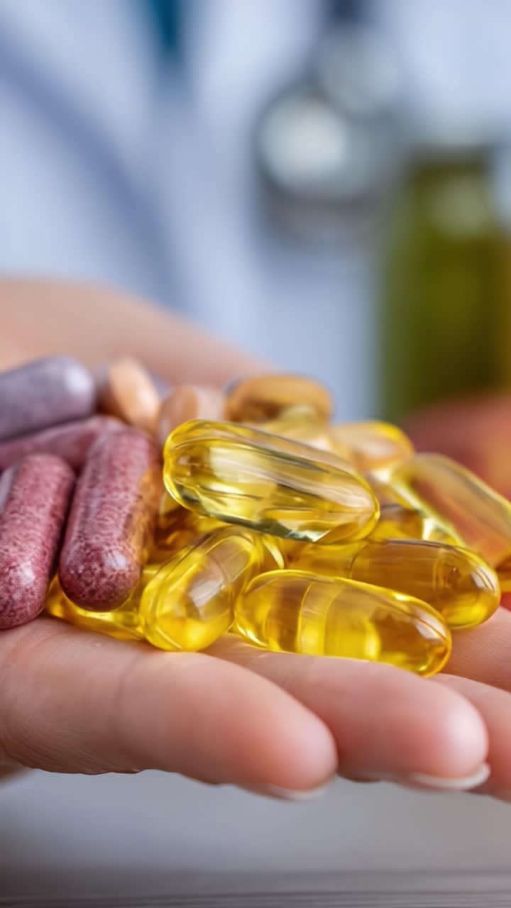 Close-Up View of Nutritive Capsules and Supplements in a Hand, Showcasing Various Shapes and Colors Associated with Health and Wellness