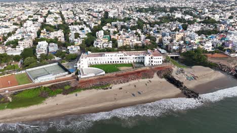 bird’s eye view of iconic pondicherry structures, white buildings and scenic beachfront wall