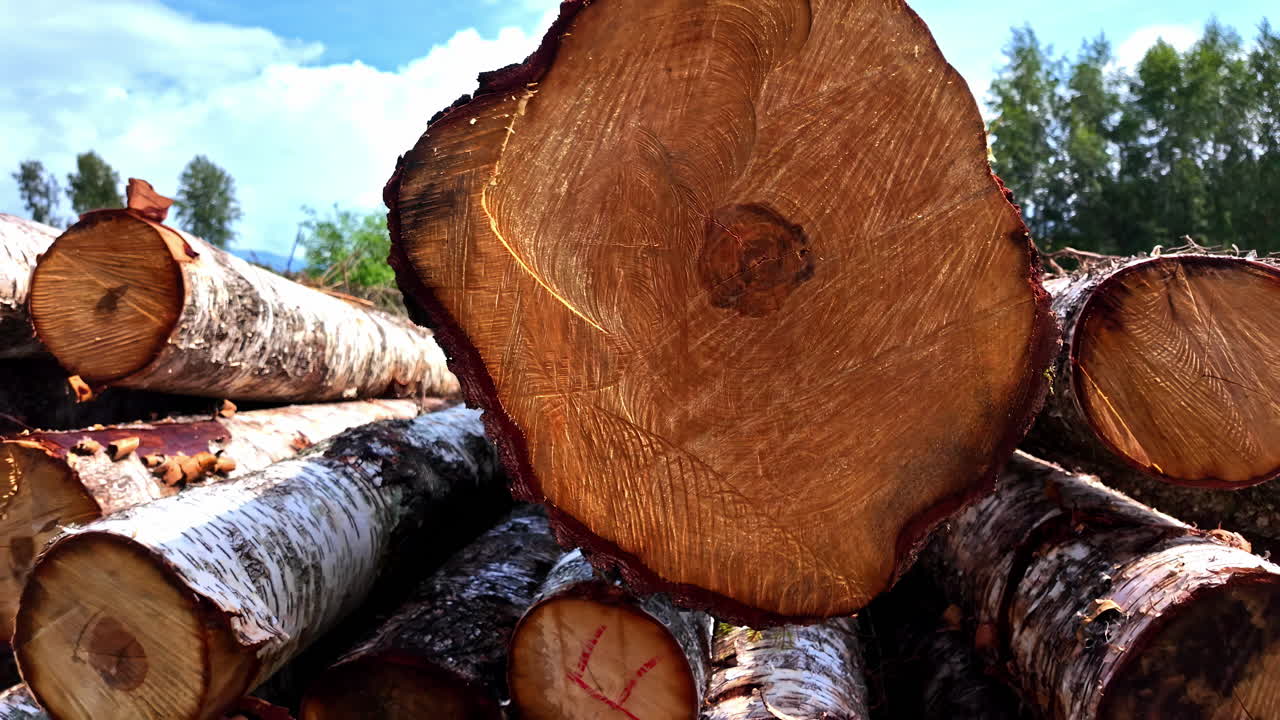 vista de cerca de la textura detallada de las maderas de madera apiladas en el bosque