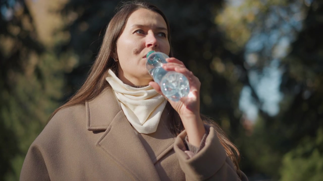 Doğal ışıkta dışarıda su içen bir kadının yakın çekimi. Kadın, uzun saçlarını vurgulayan yumuşak ışıkla kahverengi bir palto giyerken, plastik şişeyi tutuyor, açıyor ve yudumluyor.
