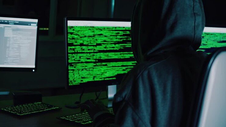 Una figura incappucciata in una stanza scarsamente illuminata lavora su più monitor con codice verde.