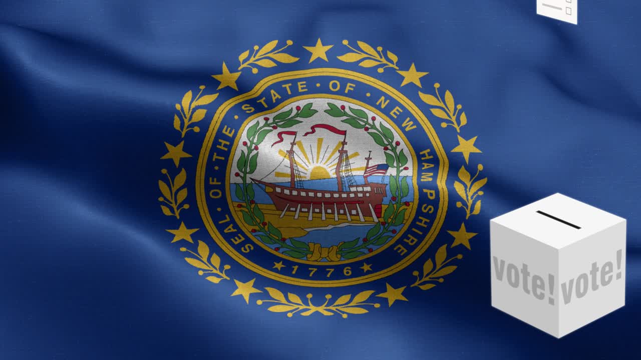 State of New Hampshire - Ballots fly to box for New Hampshire selection - Ballot box in front of flag - Election - Vote - National flag New Hampshire State wave Pattern loopable Elements - Fabric texture and endless loop