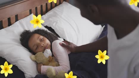 animation of flowers over african american father waking up his daughter