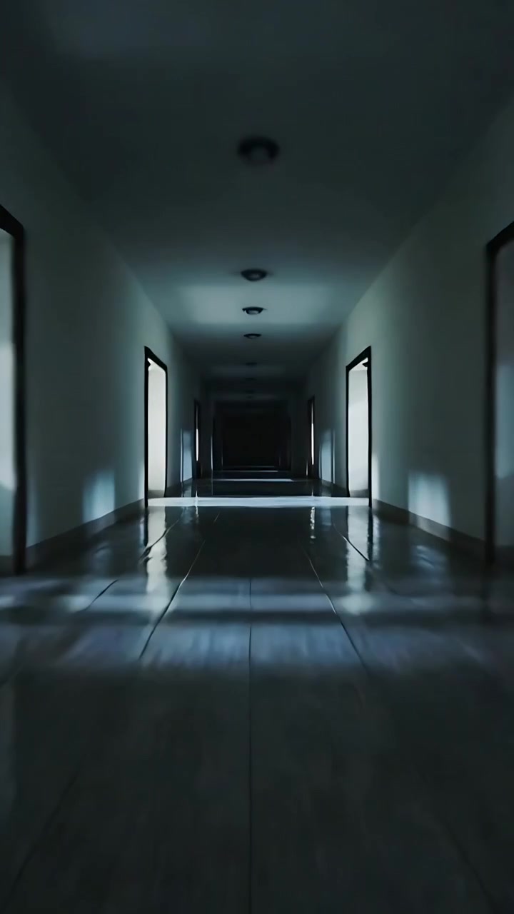 Vertical video: Gliding camera revealing empty corridor with open doorways, reflecting glossy floor